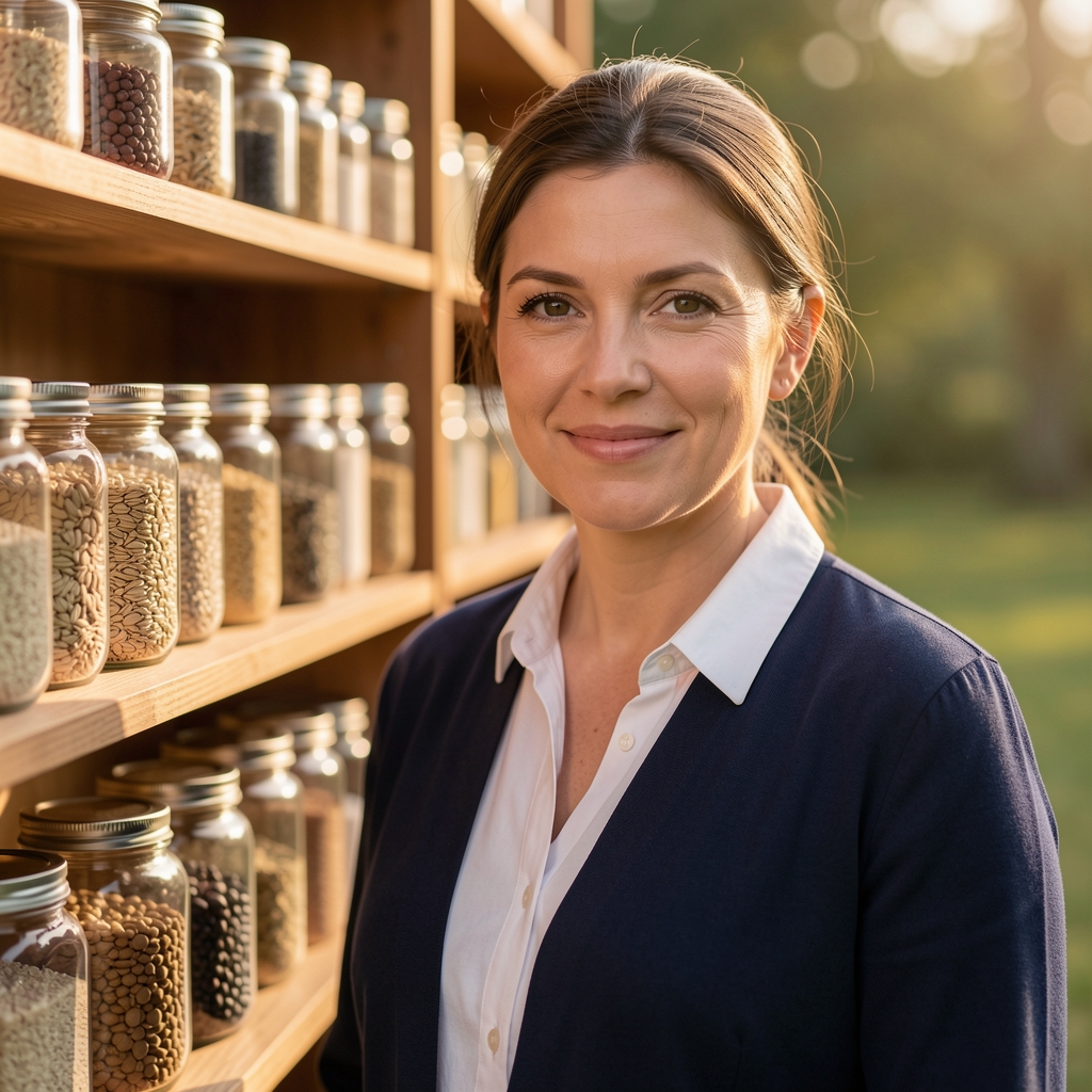 Portrait of a nutrition specialist standing beside a wooden shelf lined with glass jars of whole grains and dried legumes in a warm-lit studio space