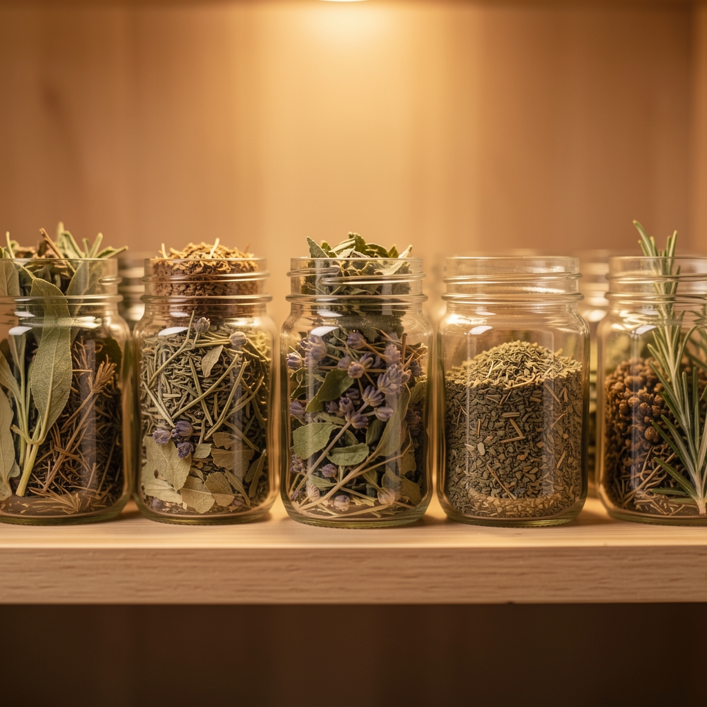 Detail shot of dried herbs in small glass containers on a shelf with warm studio lighting from above