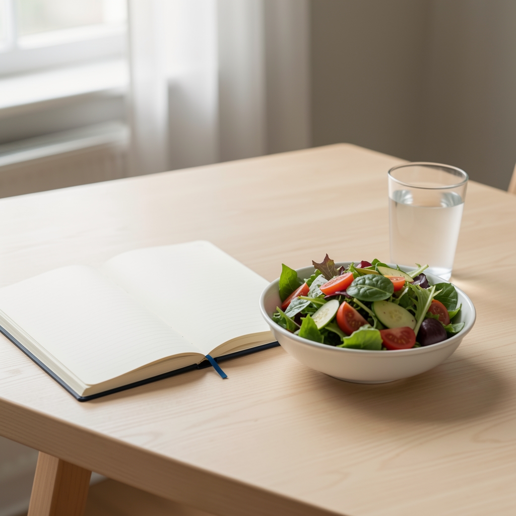 Open notebook beside a fresh salad and glass of water on a pale wooden desk in soft natural light