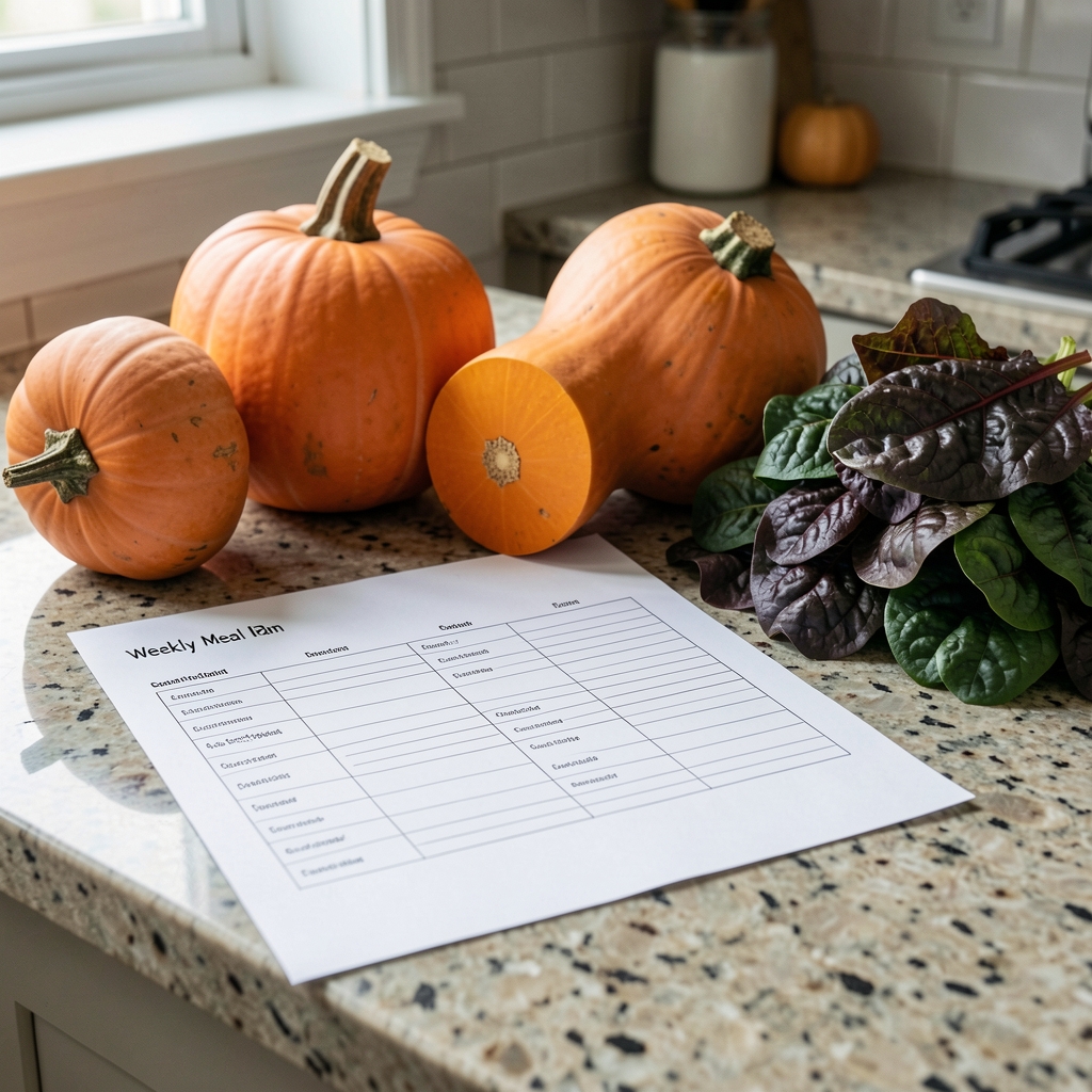 Weekly meal plan laid out on paper next to seasonal produce including butternut squash and dark leafy greens on a kitchen counter