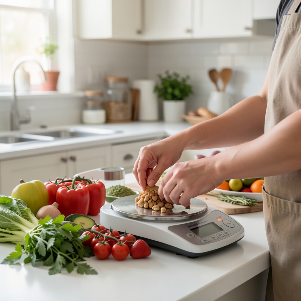 A person weighing food portions on a kitchen scale with fresh ingredients arranged beside it in a clean domestic kitchen