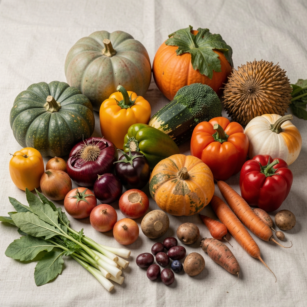 Seasonal vegetable and legume spread arranged on a pale linen surface showing variety of autumn harvest produce